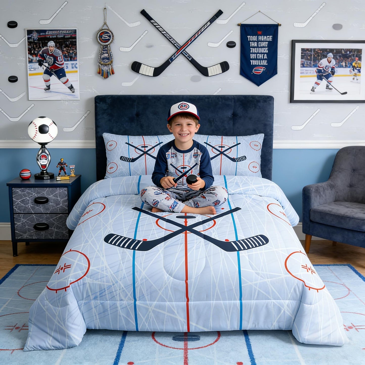 Ice Hockey Kids Comforter Set Twin Size,Hockey Stadium Rink Bedding Set,Boys Girls Adults Bedroom Decor,Winter Event Ball Games Lovers Down Comforter,Modern Stylish Duvet Insert,2pcs,1 Pillowcase