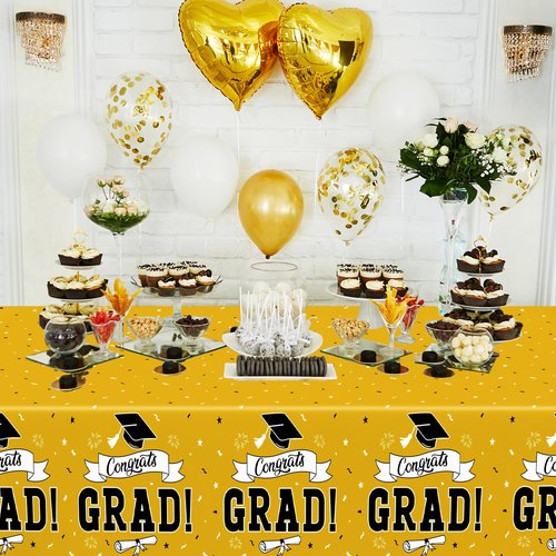 2 PCS 2026 Graduation Table Decorations, 108" X 54" Yellow Plastic Graduation Table cloths, Disposable Tablecover for Class 2026 Congrats Grad, Rectangle TableCloths for Grad Decor Party Supplies