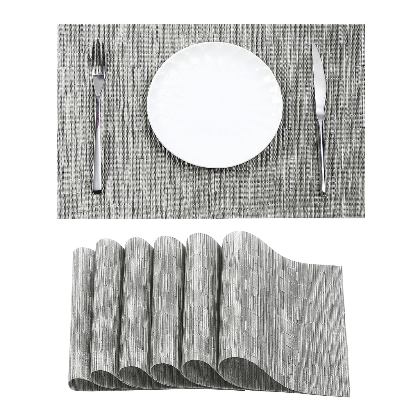 Leetaltree Silver Placemats Set of 6 - Heat Resistant Non-Slip Place mats for Dining Table, Washable Durable PVC Vinyl Woven Table Mats（Silver, 6）