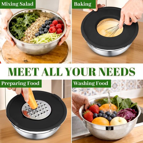 Boskermeal Mixing Bowls with Lids Set - 5 Nesting Mixing Bowls, 3 Grater Attachments, Lids, Stainless Steel Mixing Bowls for Mixing & Serving, Size 1.5/2.1/3.5/4/4.5 QT, Black