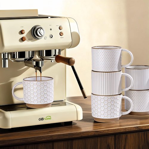 GBHOME 12OZ Stackable Coffee Mugs, Ceramic Coffee Mugs with Texture Patterns for Man,Woman,Dad,Mom, Modern Coffee Mugs Set of 4 for Latte/Cappuccino/Cocoa. Dishwasher&Microwave Safe, Off White