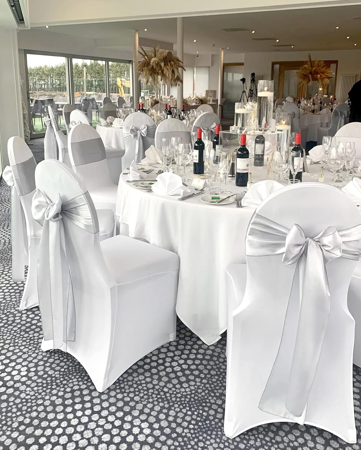 Showgeous Silver Satin Chair Sashes - 60 PCS Decorative Bows for Weddings & Events | 7 x 108 Inch