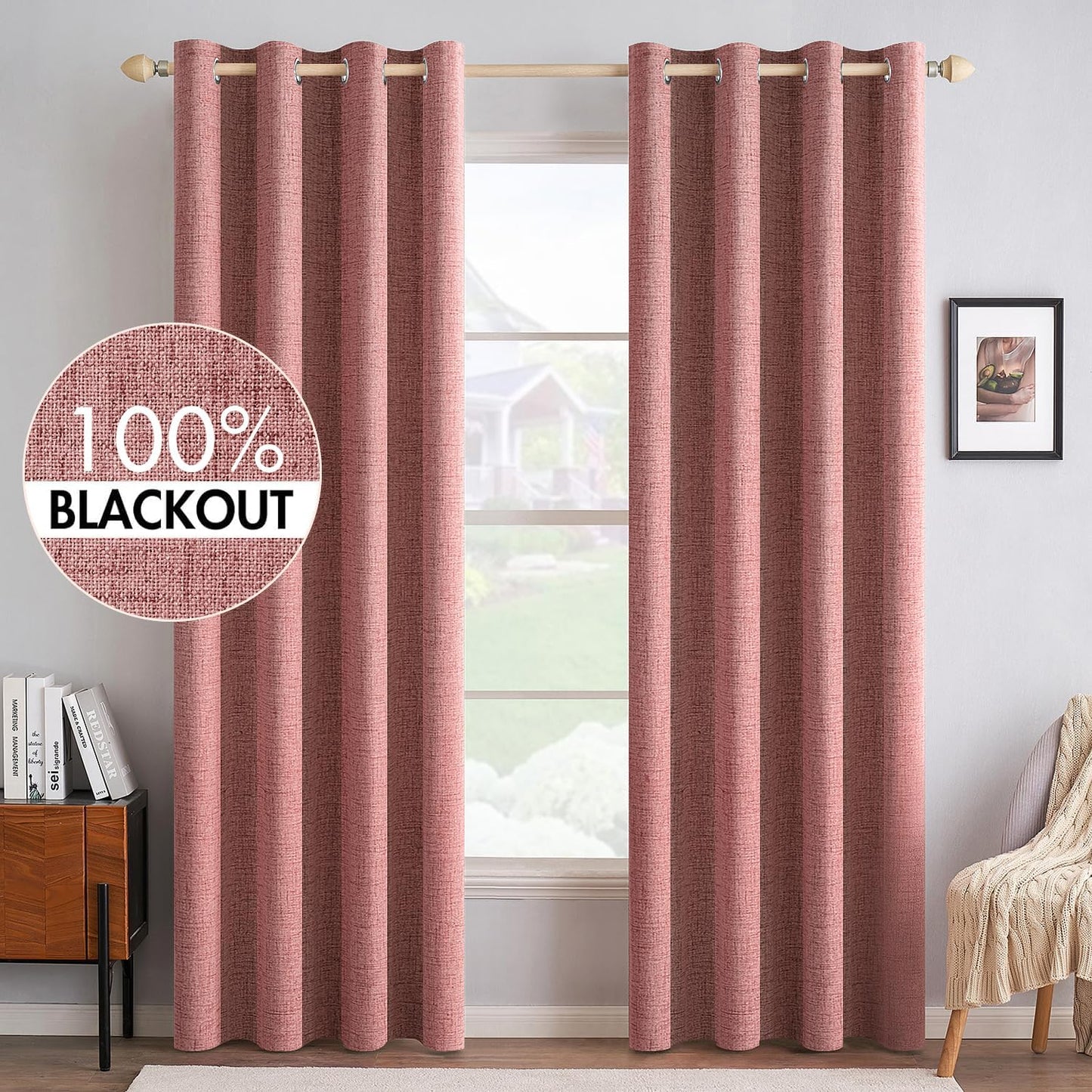 MIULEE 100% Blackout Linen Textured Curtains - Thermal Insulated Dusty Rose Drapes | 52 x 90 Inch (2 Panels)