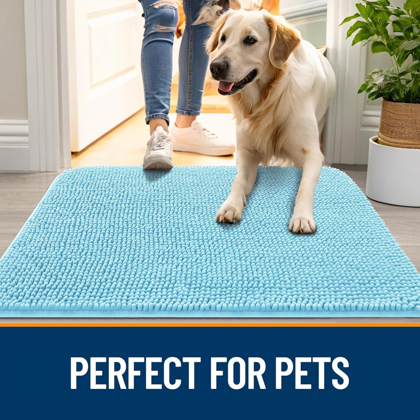 OLANLY Dog Door Mat - Absorbent Non-Slip Mud Mat for Indoor Use | Quick Dry Chenille, 70x32, Blue