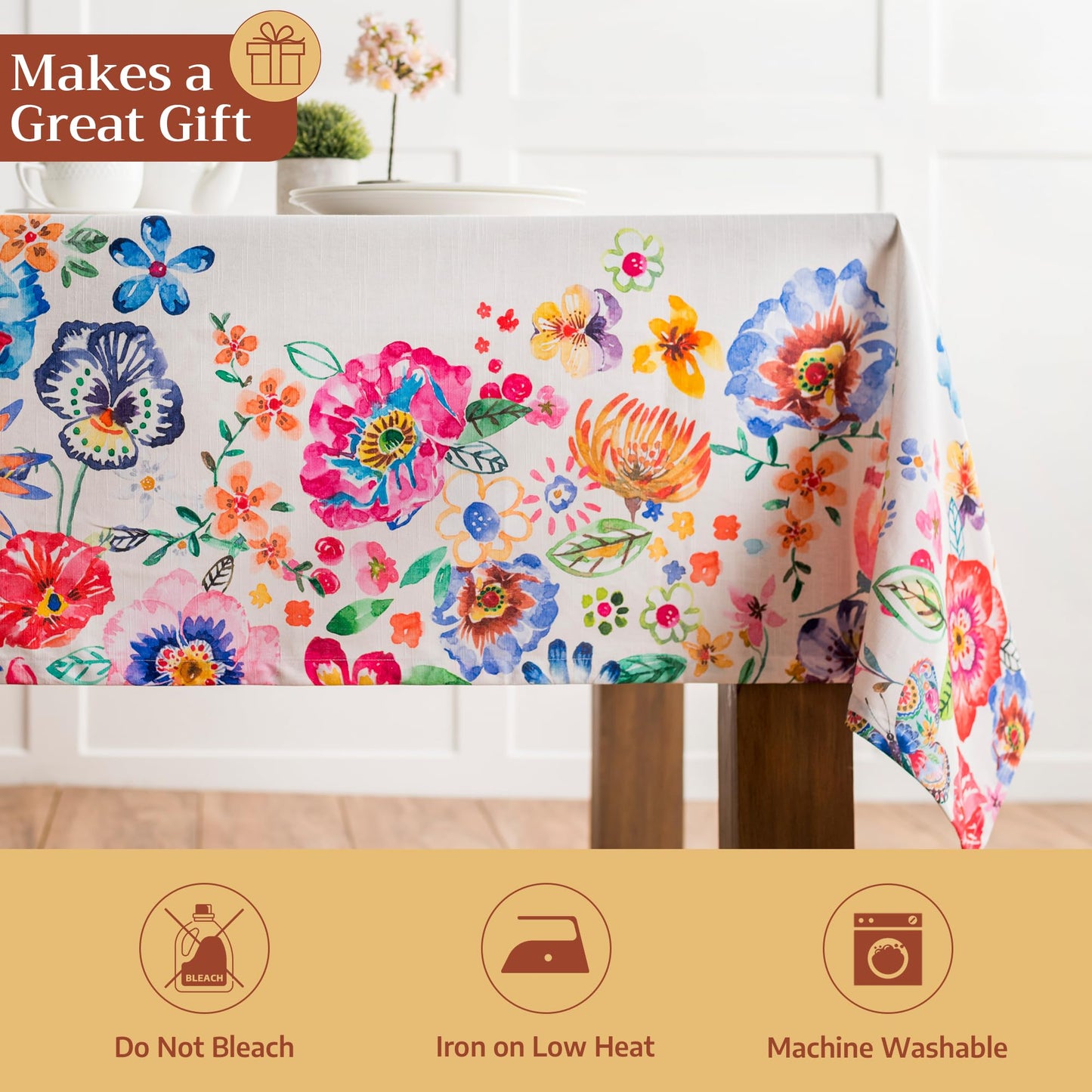 Maison d' Hermine Table Cloth Rectangle Table 100% Cotton 60 x 120 Inches Tablecloth Reusable Decorative for Dining Kitchen Farmhouse Gifts for Mothers Day Spring Summer- Happy Florals - High Summer