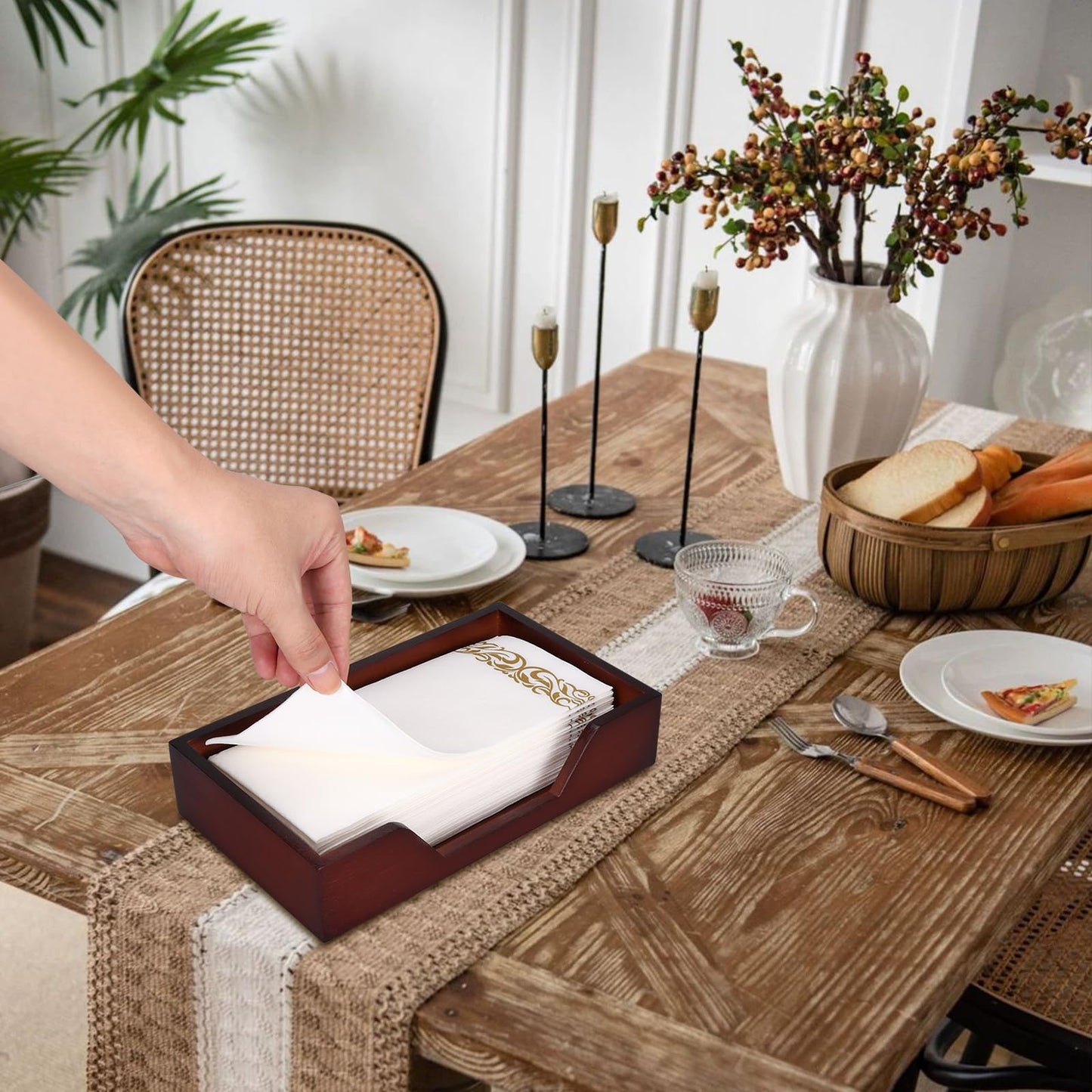Gtencemen Bamboo Napkin Holder for Kitchen Table Bathroom Paper Towel Holder Farmhouse Flat Napkin Holders Brown Guest Towel Holder Hand Towel Tray Rectangle Napkin Holder