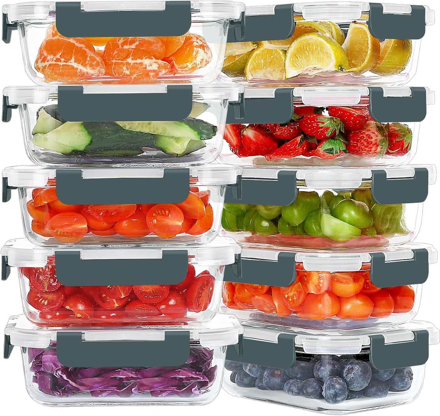KOMUEE Glass Meal Prep Containers - 10 Packs of 22 oz Airtight Food Storage with Lids | BPA Free, Microwave & Freezer Safe