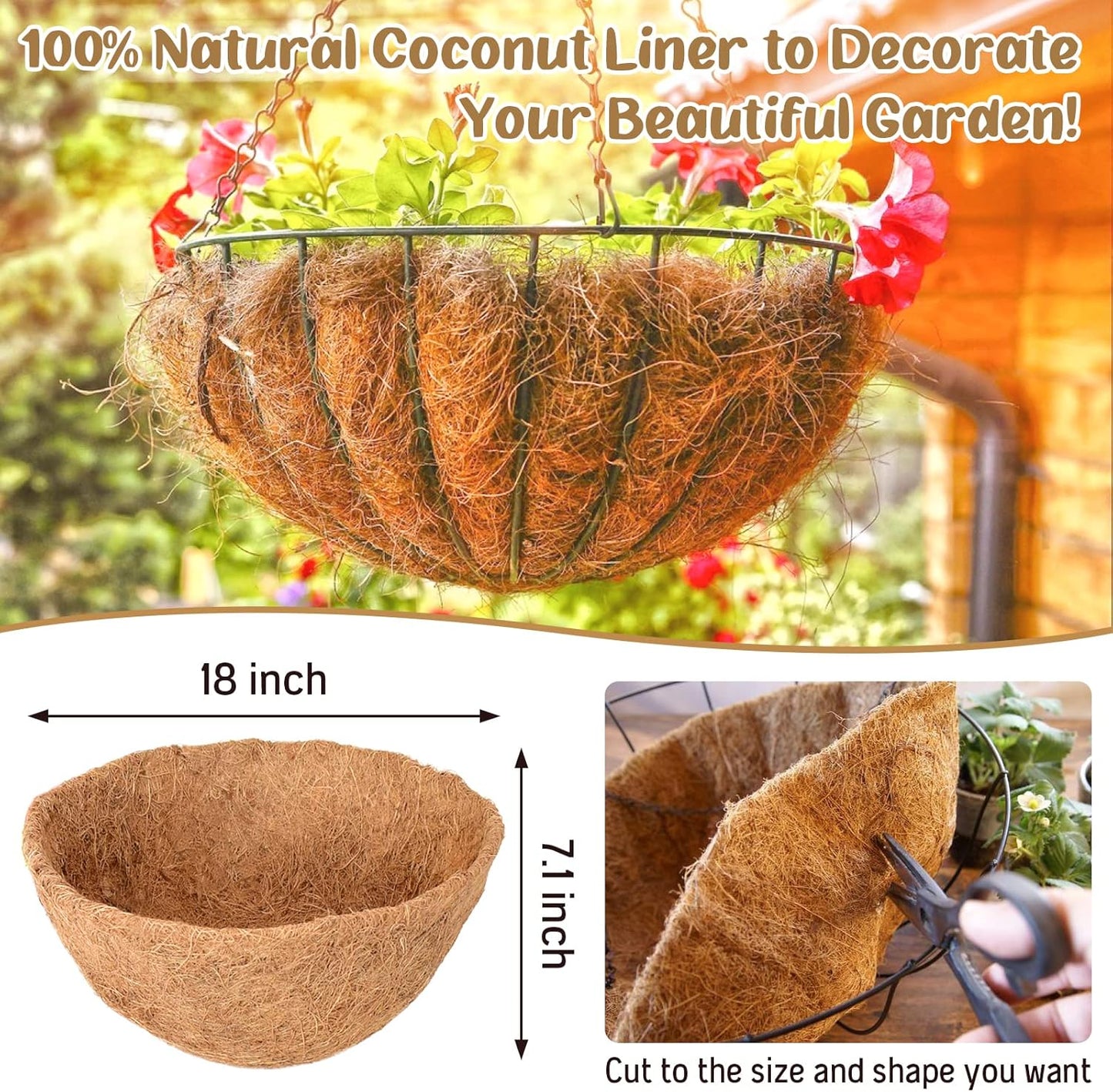 Legigo 3 Pack 18-Inch Coco Fiber Hanging Basket Liners - 100% Natural Coconut Planter Inserts