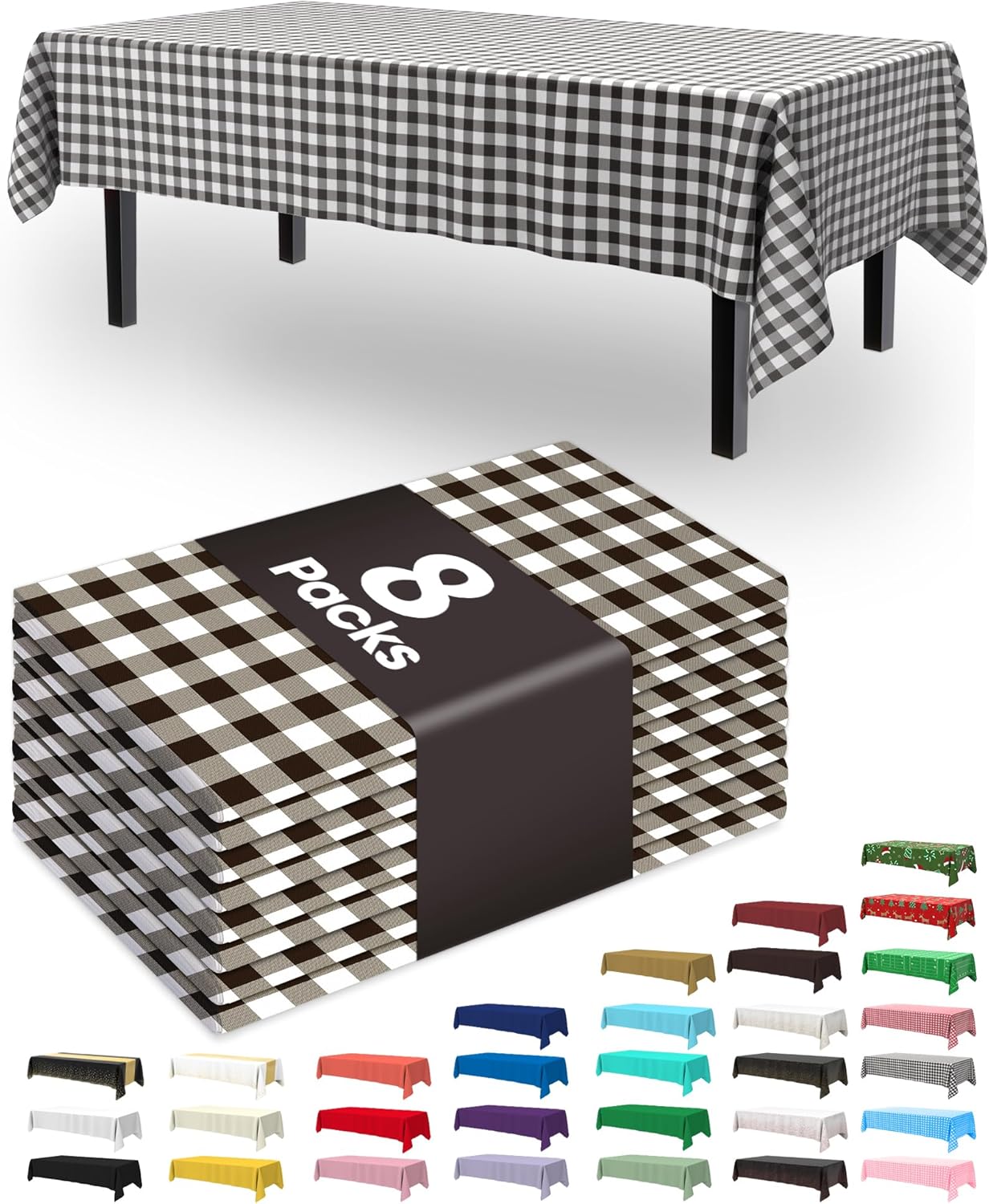 Pureegg Disposable Table Cloths - 8 Pack, 54 x 108 Inch, Leakproof Black & White Gingham for Parties & Picnics