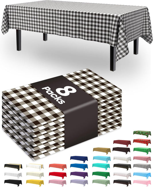 Pureegg Disposable Table Cloths - 8 Pack, 54 x 108 Inch, Leakproof Black & White Gingham for Parties & Picnics