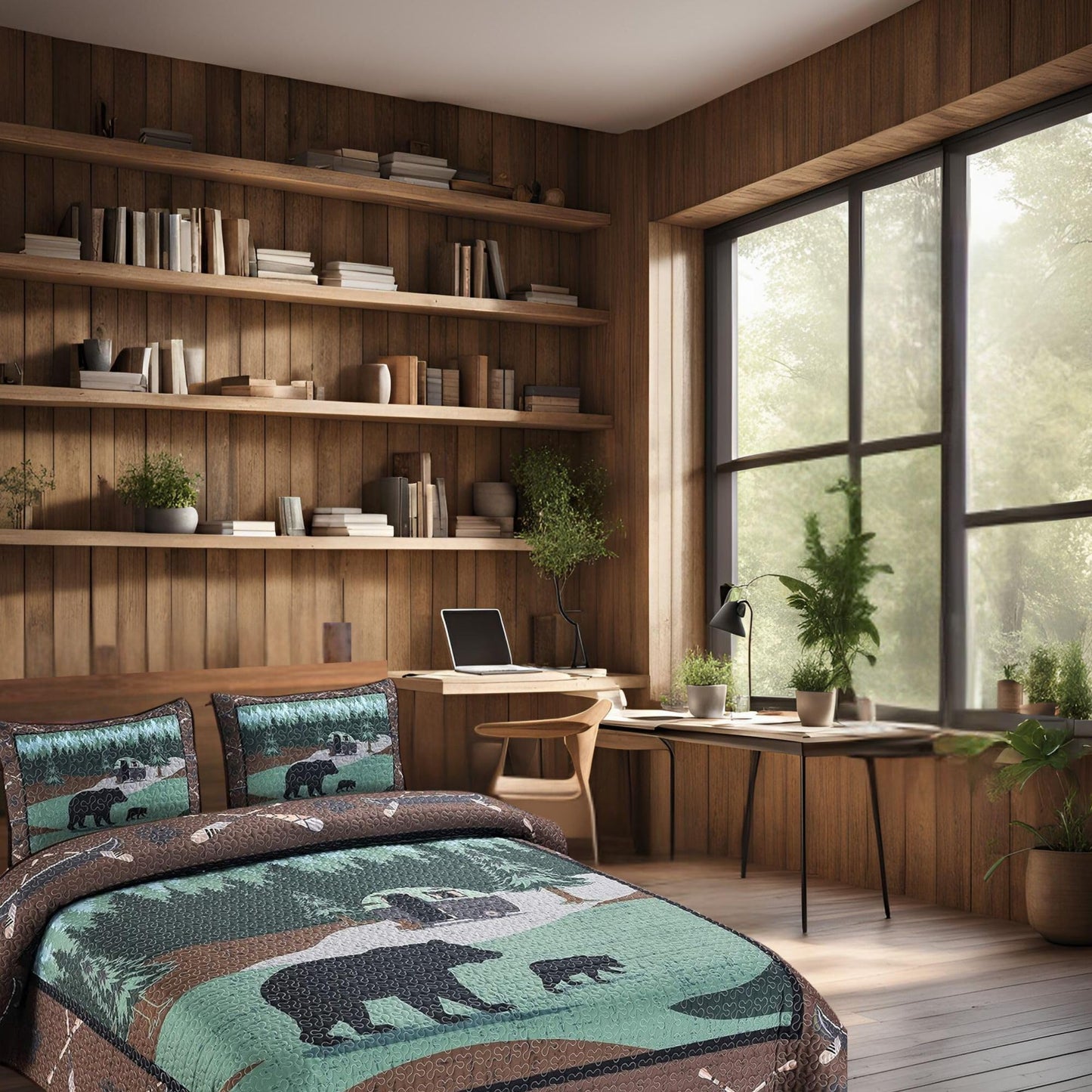 BestGiftEver Quilt Queen Size with Unique Bear RV Park Theme Print Design, Cabin Lodge Quilted Bedspread Coverlet, 3-Piece Rustic Bedding Set with Queen Quilt and 2 Pillow Shams for Nature Lovers