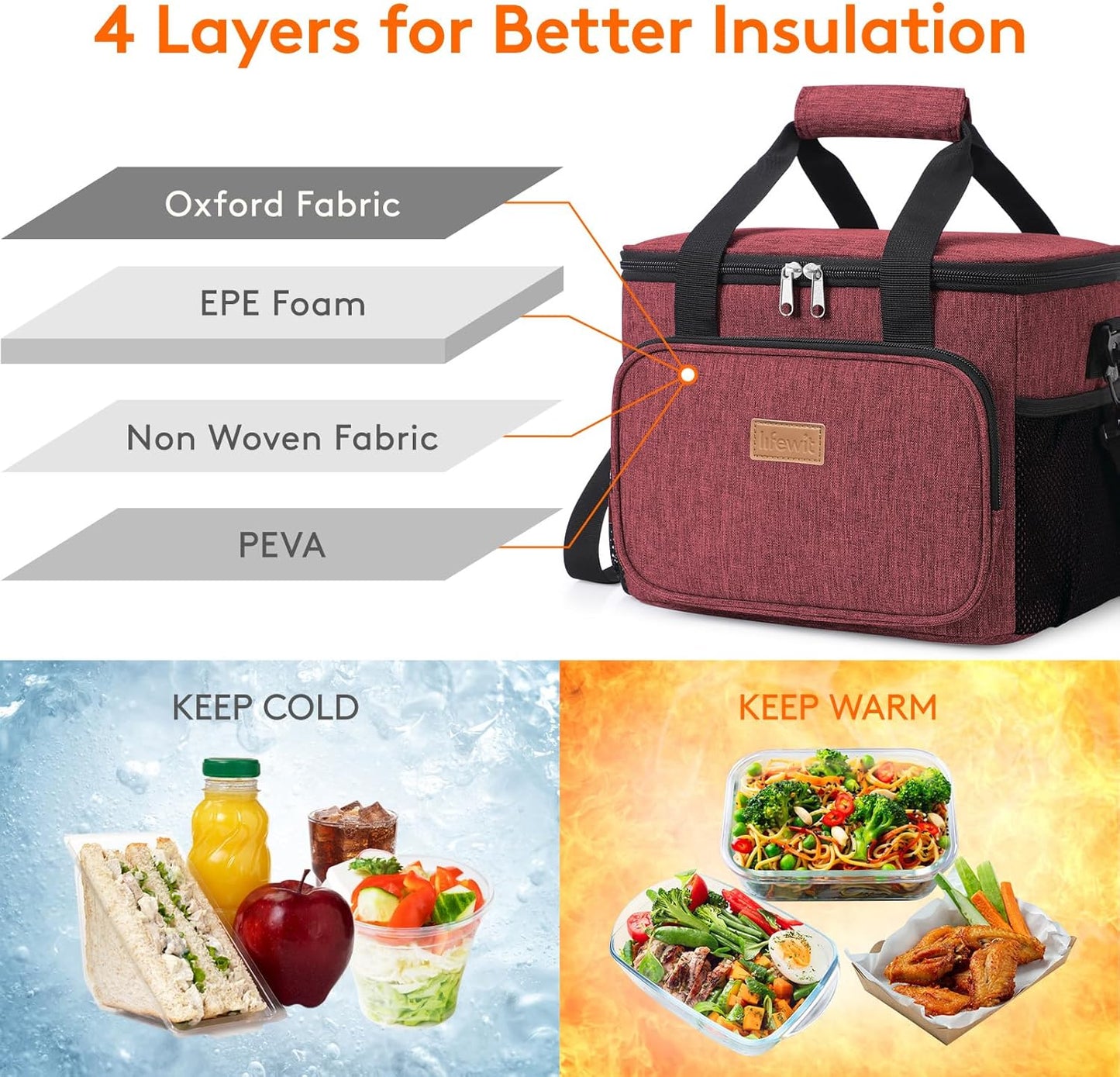 Lifewit Insulated Lunch Bag - Large Soft Cooler Tote for Adults | Burgundy 24-Can Capacity (15L)