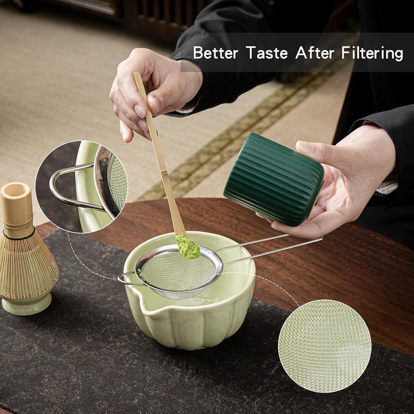 Skiennix Matcha Whisk Set - Complete 5-Piece Kit with Ceramic Bowl, Bamboo Whisk, and Sifter | Mottled Green