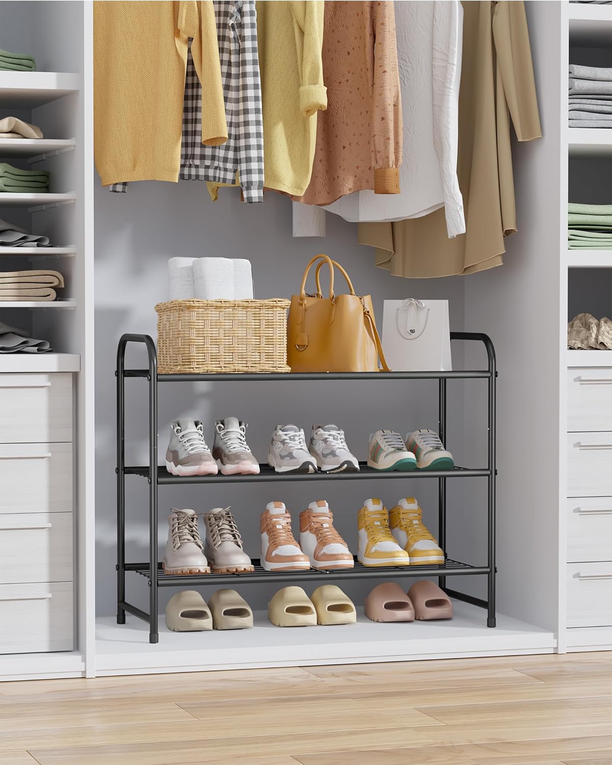 Kitsure Shoe Rack - Sturdy Stainless Steel Organizer for Closet & Entrance | 3-Tier, 25.6" Wide, Black