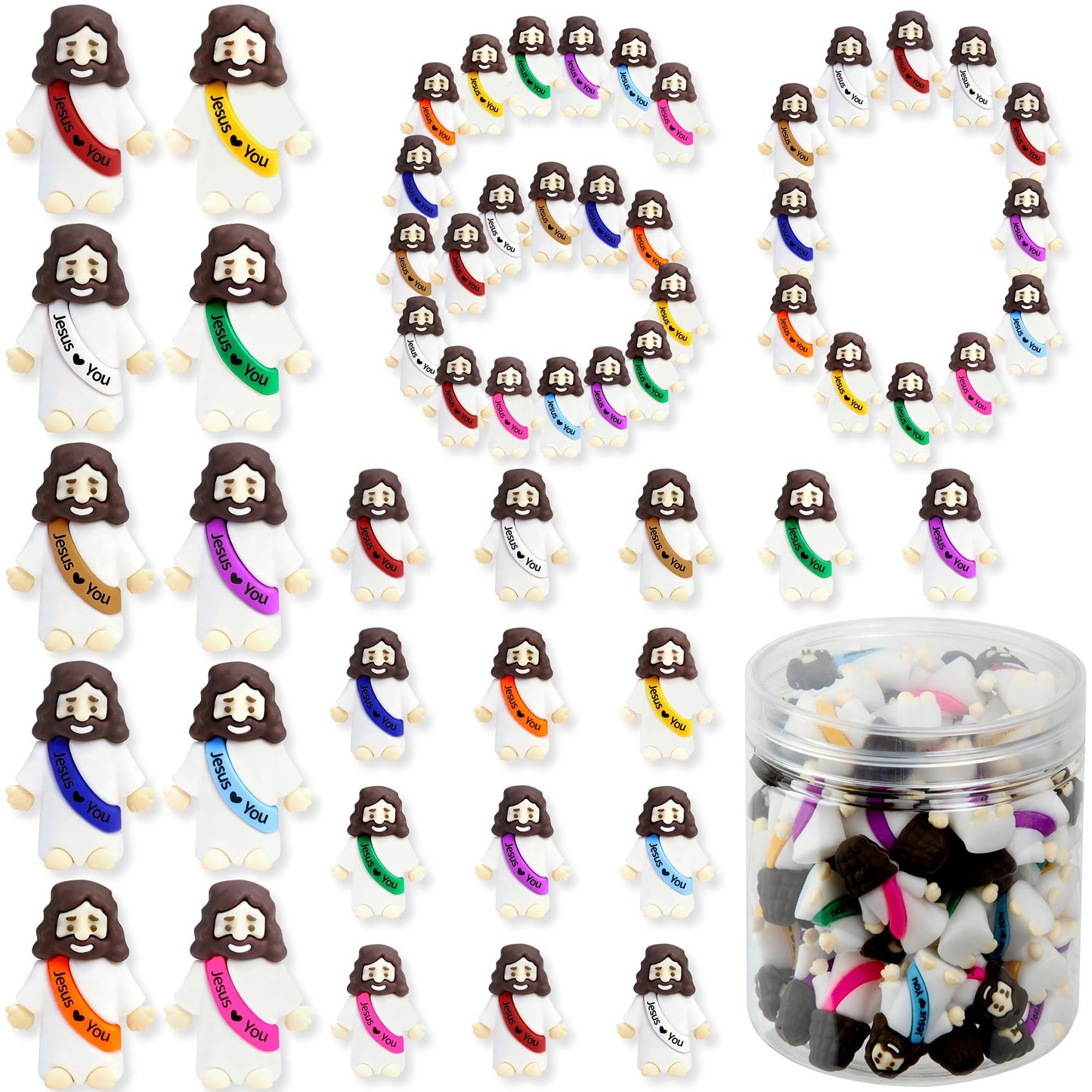 60 Pcs Little Jesus Figures Easter Mini Rubber Toys to Hide and Seek, Pocket Jesus Loves You Miniatures Religious Party Favors Baptism Gifts Sunday School Easter Egg Stuffers (10 Color_60)