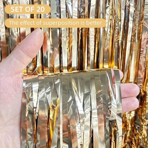 Champagne Gold Foil Curtain Backdrop - 20 Pack | 3.2ft x 8.2ft Metallic Tinsel Streamers for Parties