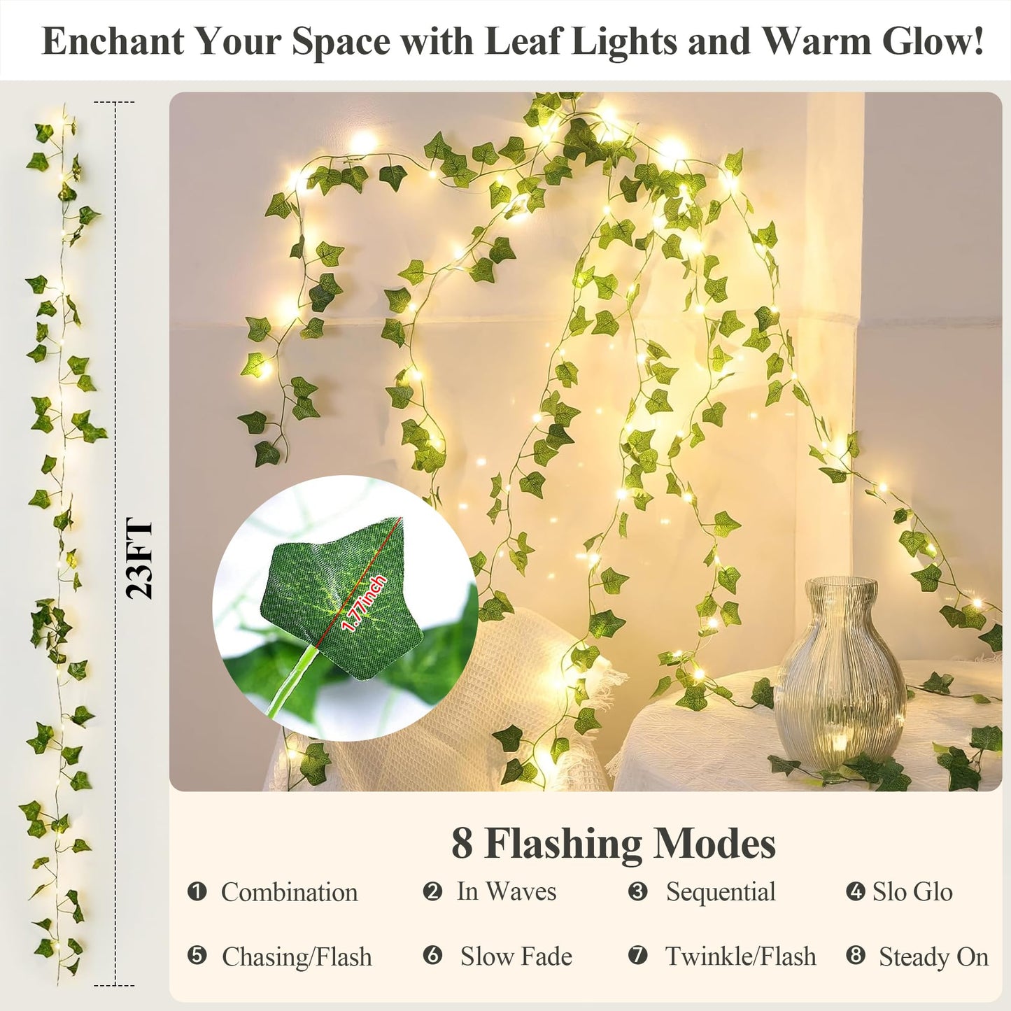 YOUNGAR Ivy Vines with Fairy Lights,Leaf String Warm White Lights Battery/USB Operated,23FT 73LED Fake for Bedroom Wall Room Wedding Birthday Garden Party Wall Room Decor
