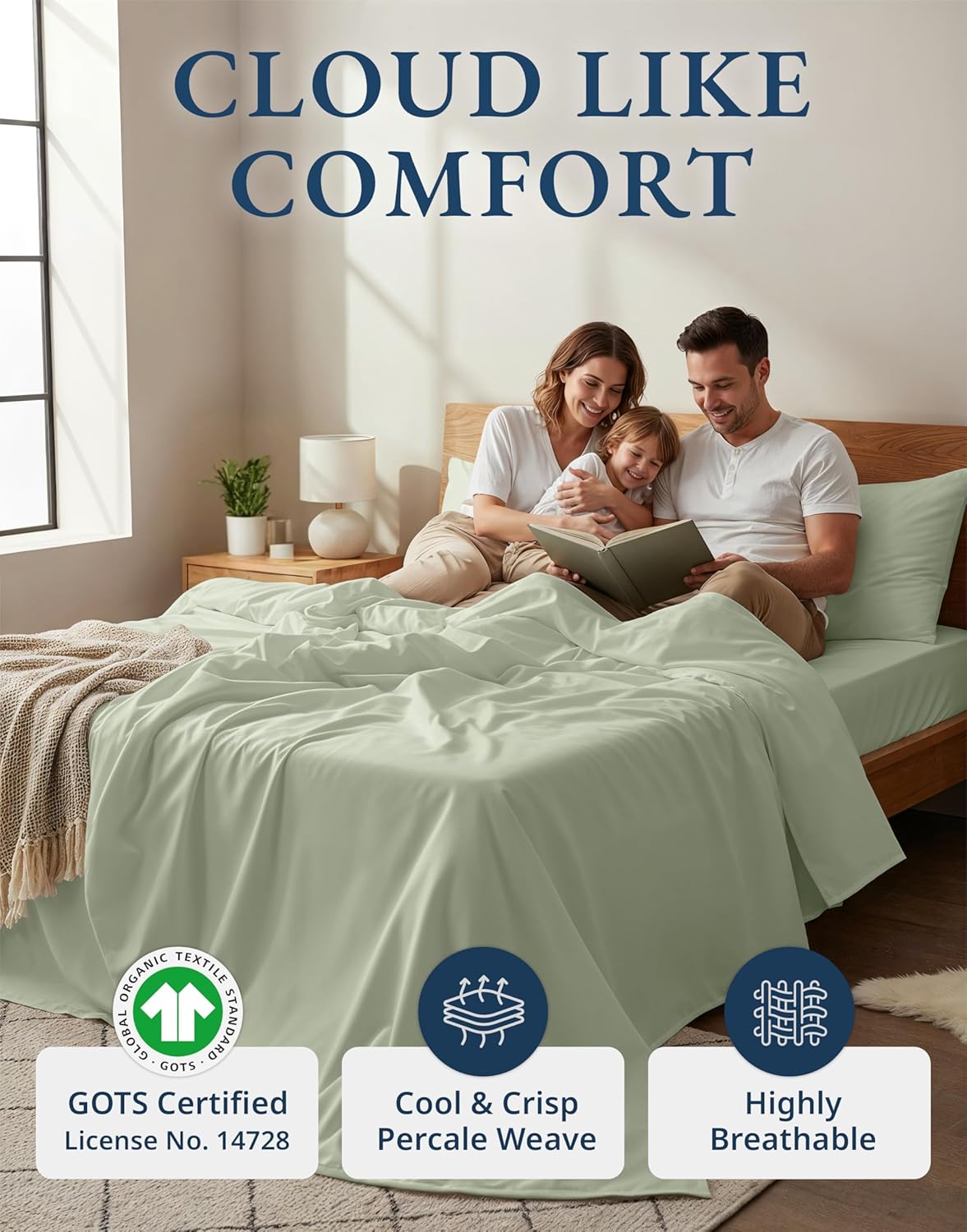 LANE LINEN 100% Organic Cotton Queen Sheet Set - Soft & Breathable Percale Weave, Deep Pocket, Hotel-Quality - Mineral