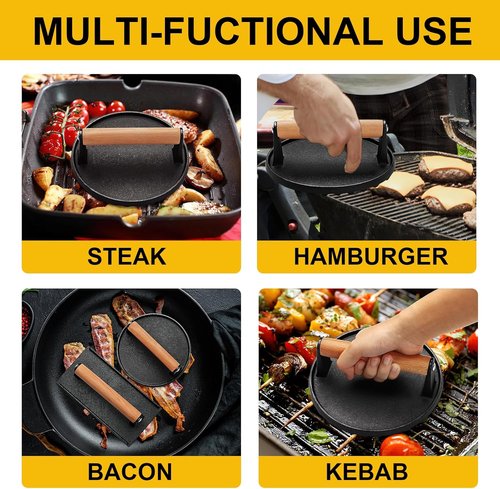 AIVIKI Burger Press - Heavy Duty Cast Iron Smash Press for Griddle | 6.9" Round & 8.2"x4.2" Rectangular