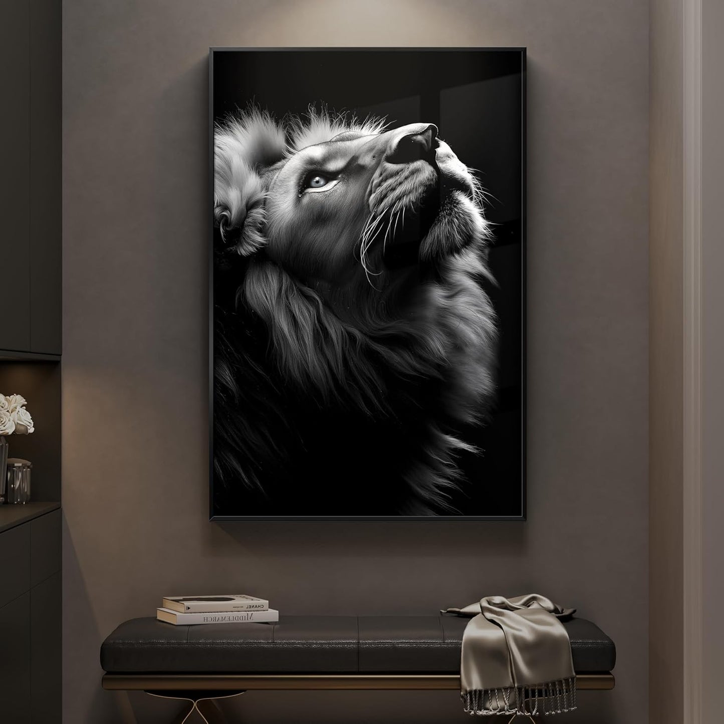 Skiennix Framed Black and Gray Modern Wall Art - Contemporary Lion Portrait Print | 24x36 In Minimalist Decor