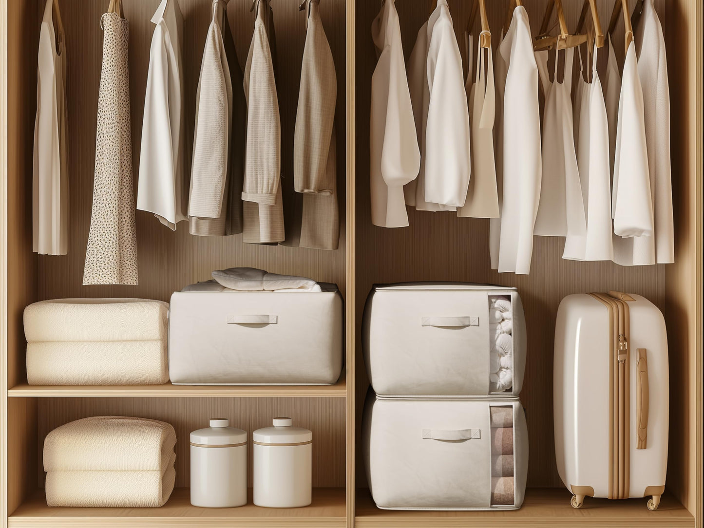 TomVista Large Canvas Clothes Storage Bags with Thick Handles and Clear Window, Foldable Cotton Linen Underbed Closet Organizer for Clothing, Blankets and Bedding, 60L, 6 Pack, Beige