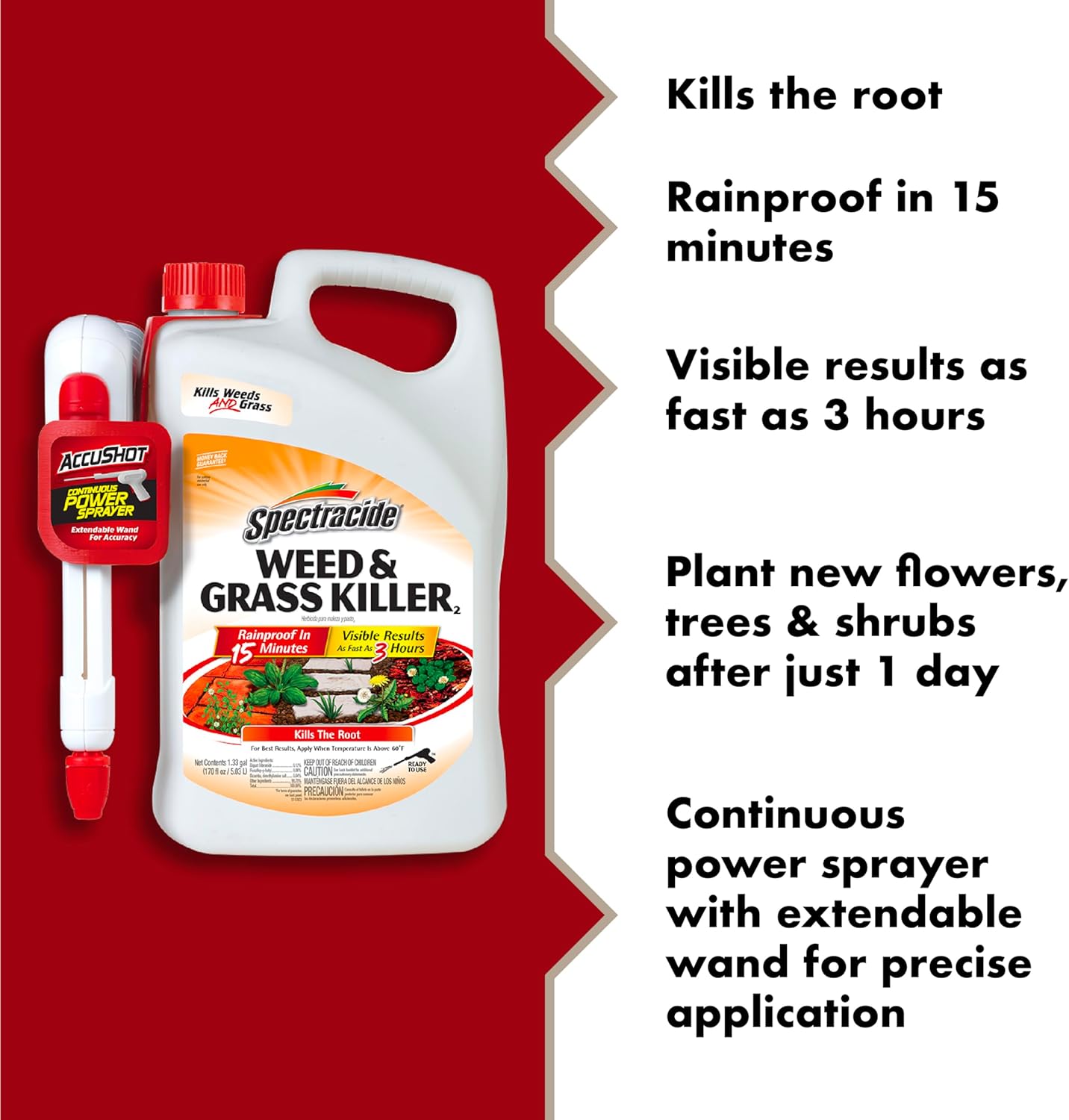Spectracide Weed & Grass Killer - 1.33 Gallons with AccuShot Sprayer | Kills Weeds to the Root, Rainproof in 15 Minutes