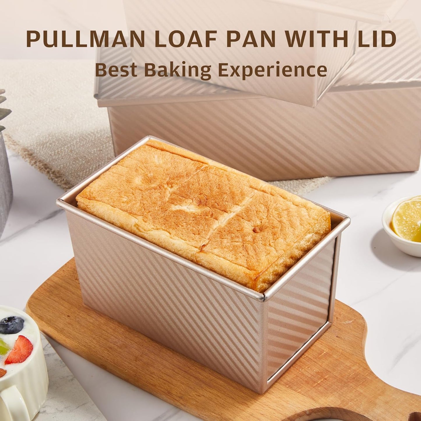 KITESSENSU Pullman Loaf Pan - Non-Stick Bakeware with Lid, 1 lb Capacity, Gold Carbon Steel Mold