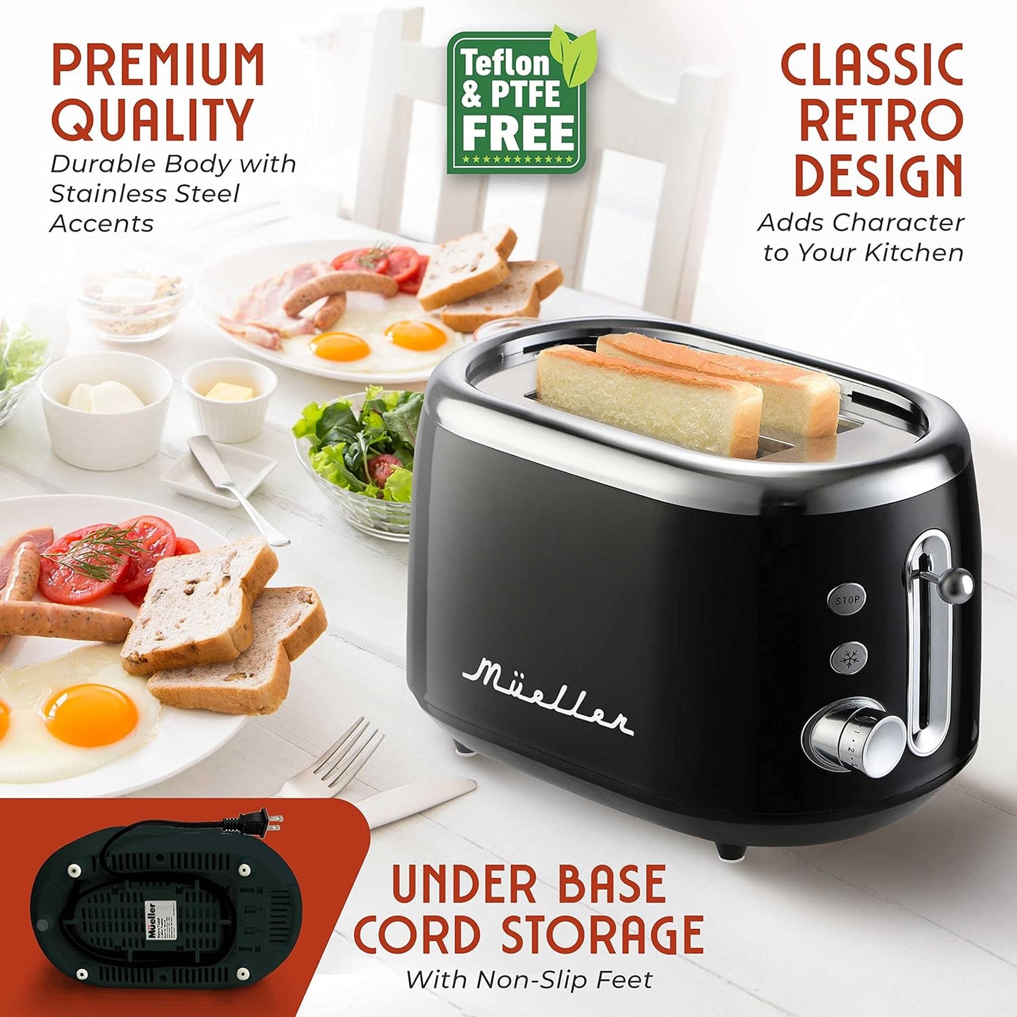 MUELLER HOME Retro 2-Slice Toaster - 7 Browning Levels, Stainless Steel, Black Finish