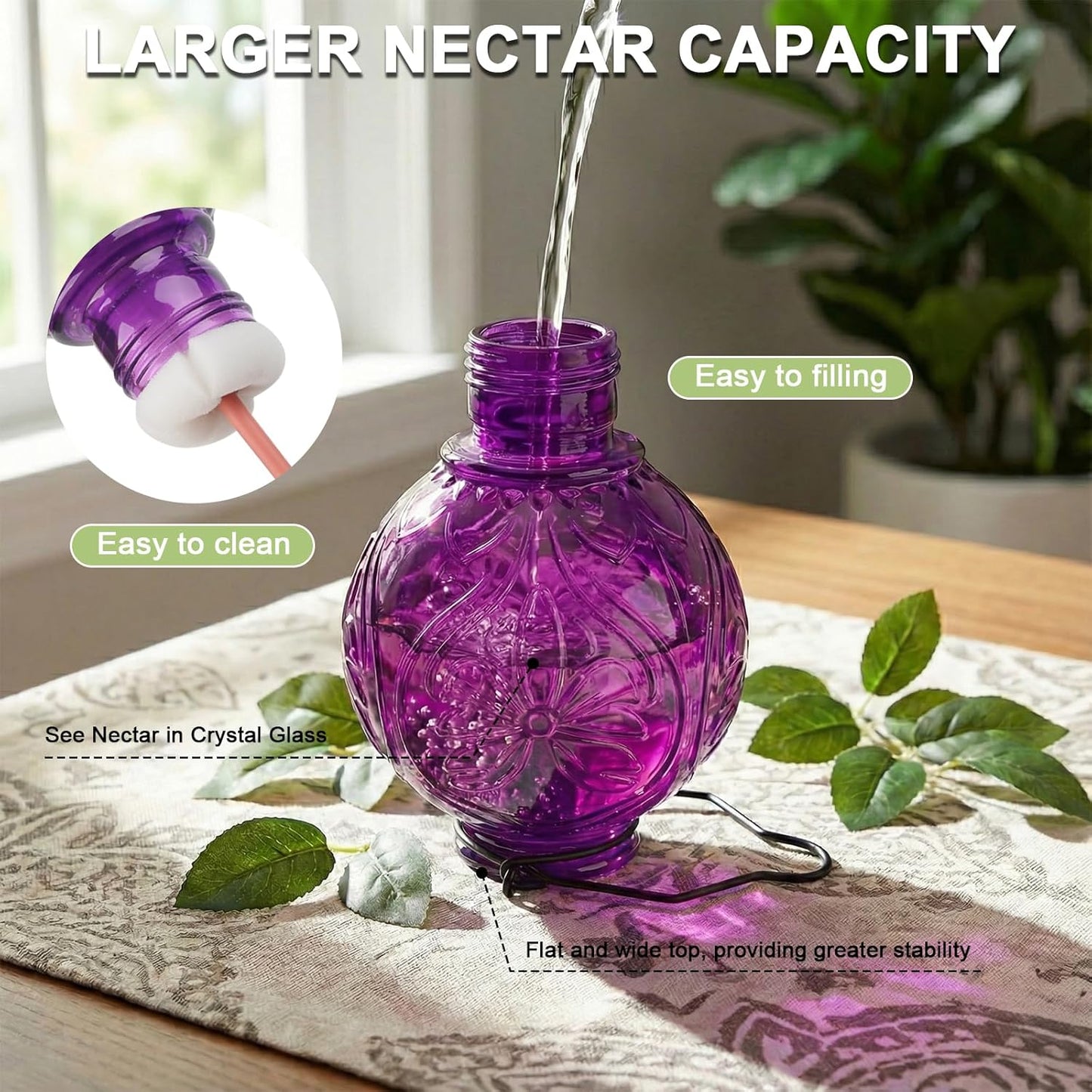 Skiennix Glass Hummingbird Feeder - 25oz Leak-Proof Outdoor Nectar Feeder with 5 Flower Ports | Purple Garden Decor
