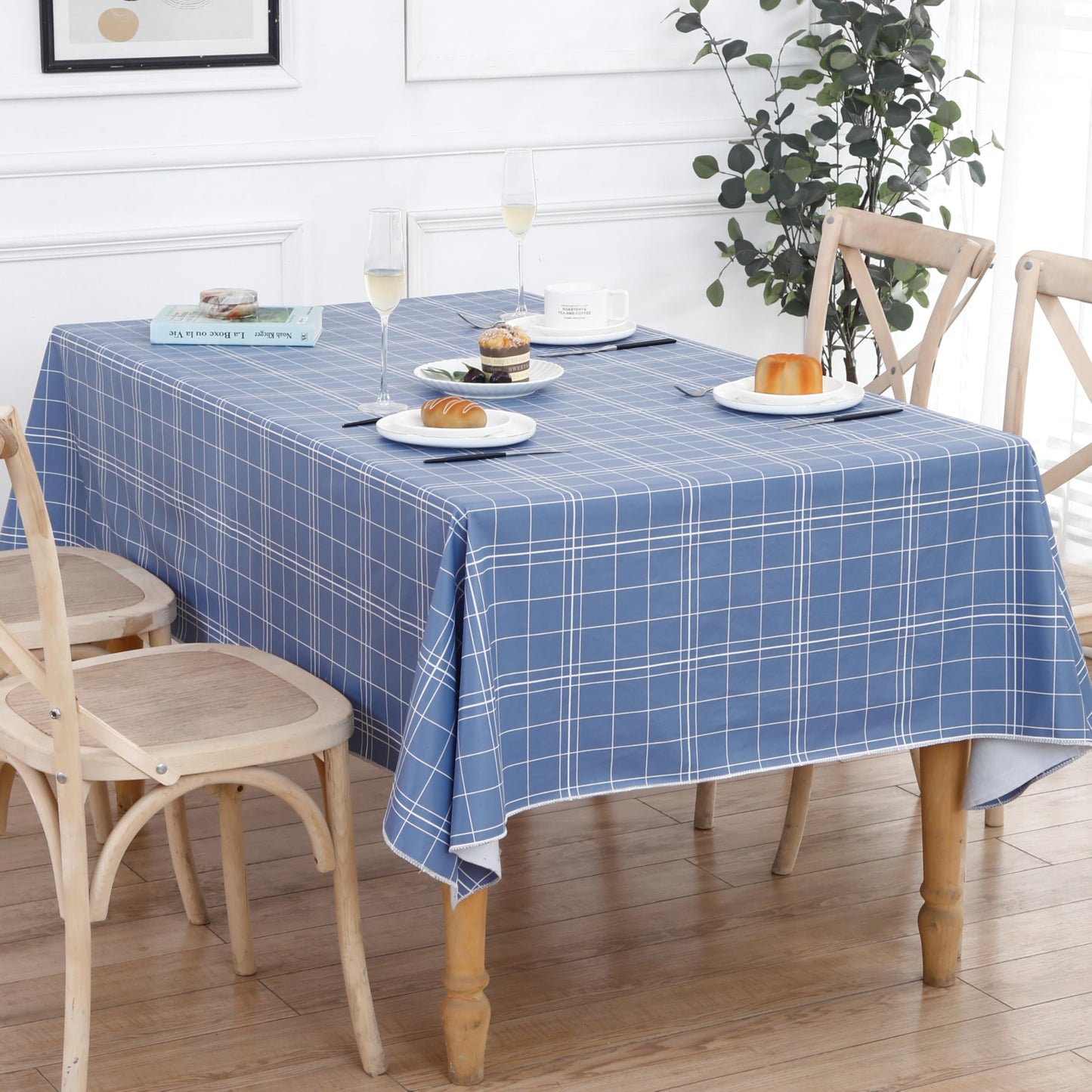 Walrus Heavy Duty Vinyl Tablecloth with Flannel Backing Waterproof Oil-Proof Plastic Table Cloth Stain-Resistant Wipeable Rectangle or Square Table Cover for Indoor and Outdoor (Blue Grid,54x54 Inch)