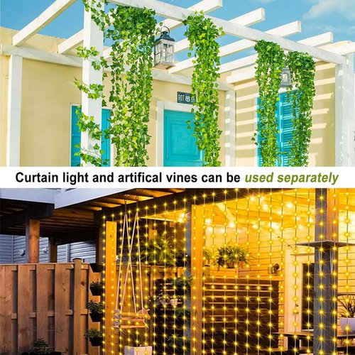 HXWEIYE Artificial Ivy Greenery Garland - 12 Pack with 200 LED Fairy Curtain String Lights | Perfect for Indoor/Outdoor Decor