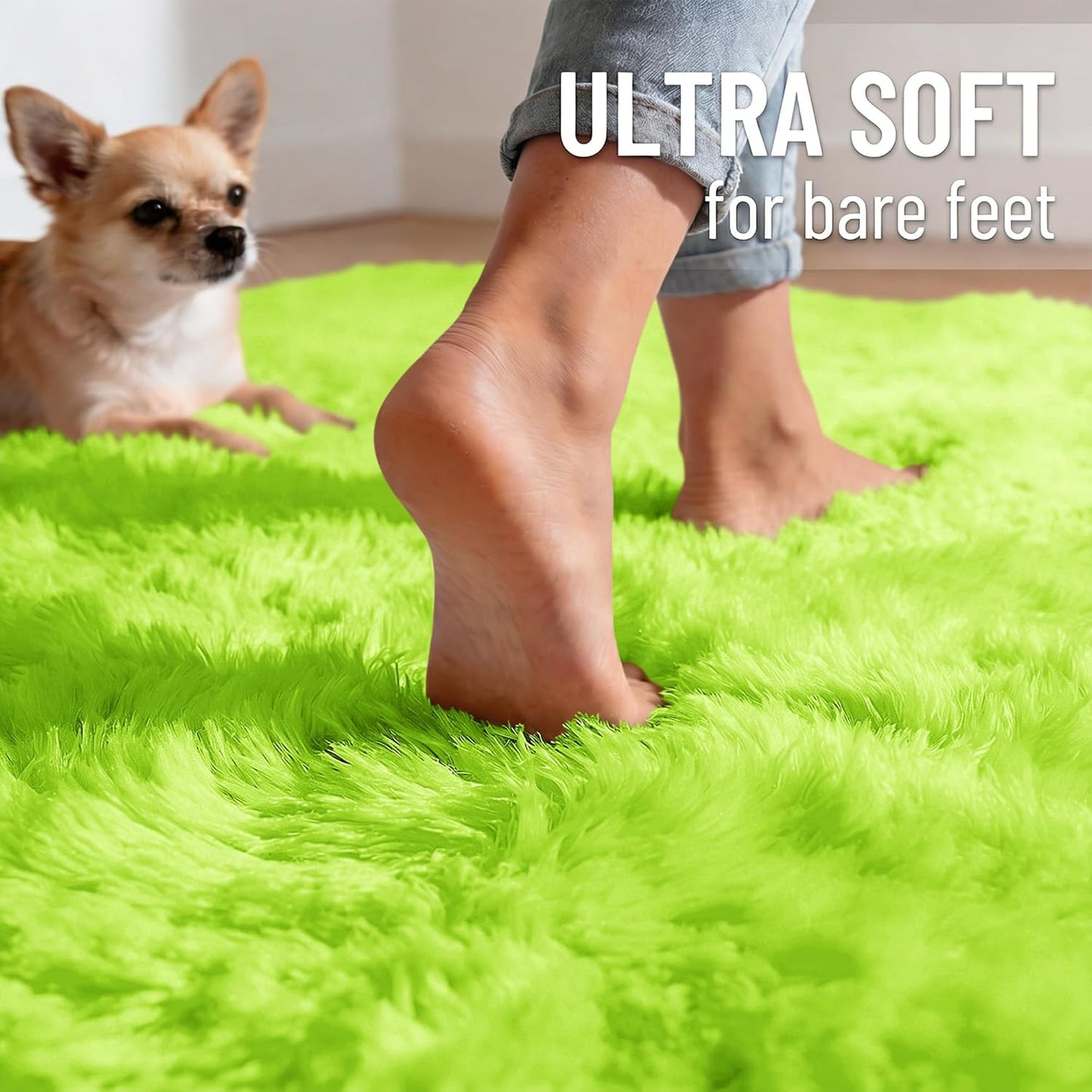 OLANLY Round Lime Green Area Rug - Soft, Fluffy, Machine Washable 6 ft Carpet for Bedroom & Living Room Decor