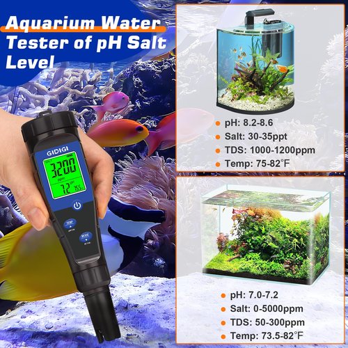 GIDIGI Salt Tester for Pool, pH Meter Digital 5-in-1 pH TDS EC Salt Content Meter with Calibration Solution Set, pH ppm Meter for Salt Water Pool, Aquarium, Hot Tub, Spa, Hydroponics, Home Brew