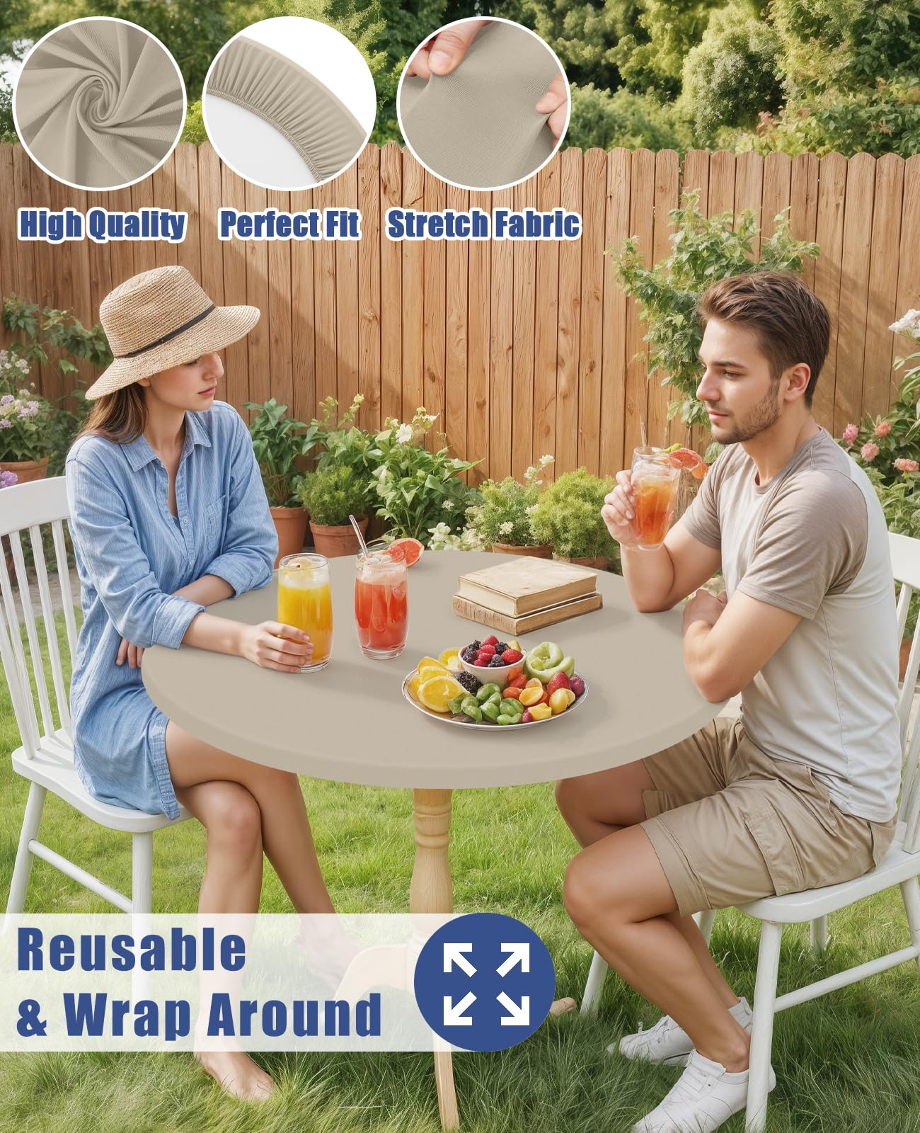 Moosfor Round Spandex Tablecloth, Elastic Fitted Waterproof Tablecloths for 45"-56" Tables, Stretch Washable Picnic Table Cover for Camping, Dining, Indoor and Outdoor, Taupe