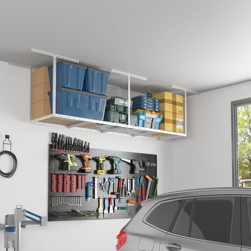 FLEXIMOUNTS 2x8 Overhead Garage Storage Rack - Heavy-Duty Metal Ceiling Organizer | 400lbs Capacity, White