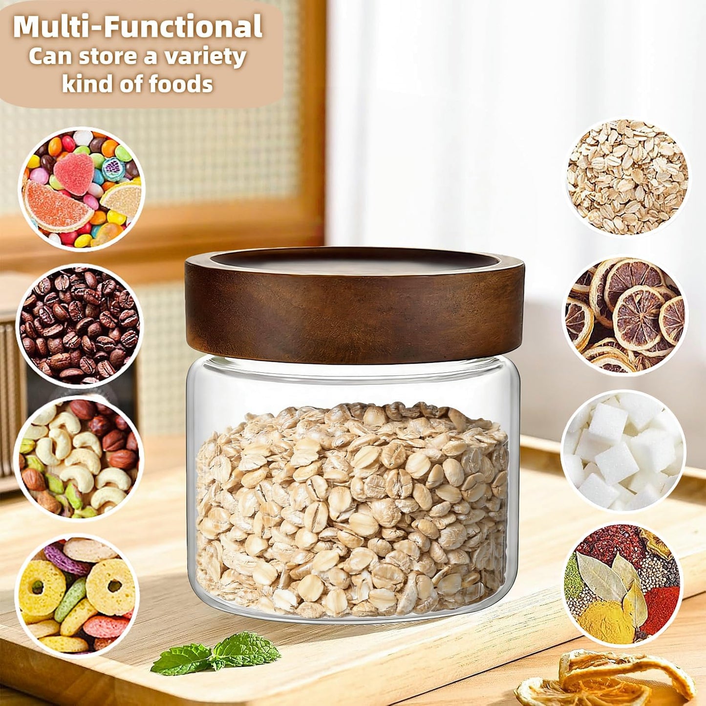 Skiennix Glass Food Storage Jar - Premium 17 Fl Oz Airtight Container with Wooden Lid | Ideal for Coffee, Tea, and Spices