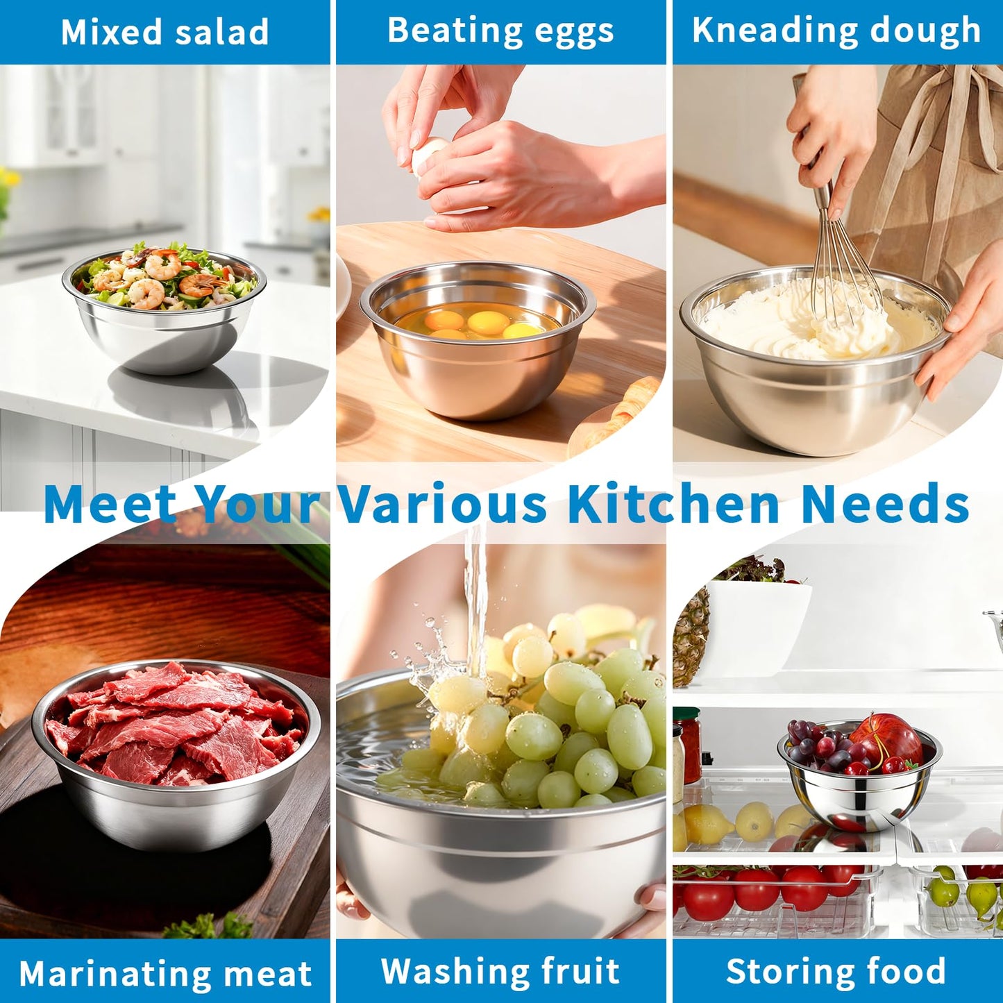 YJSLICT Stainless Steel Mixing Bowls with Lids Set (Size 0.7, 1.1, 1.5, 2.1, 3.5, 4, 4.5QT)