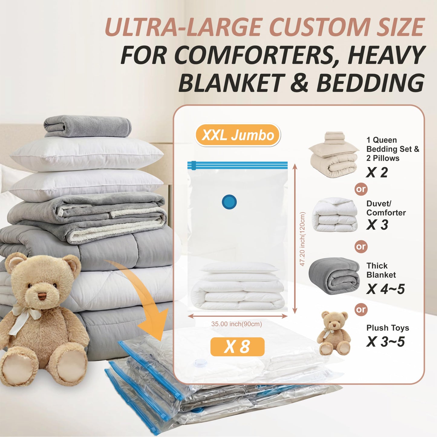 Cozy Essential Vacuum Storage Bags, 80% Compression Vacuum Seal Space Saver Plastic Packaging Bags for Clothes, Blankets, Pillow, Bedding, Comforters, Sealer Clothing Storage,8 XXL Jumbo
