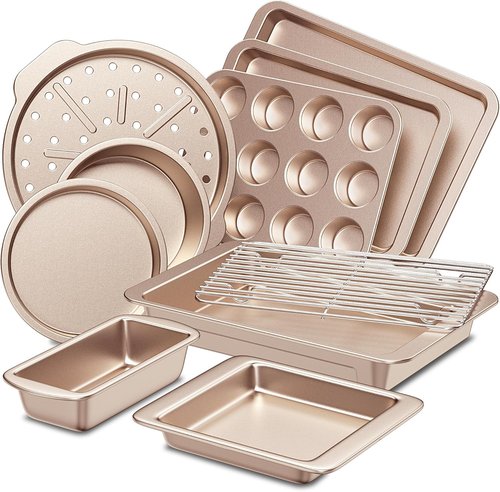 HONGBAKE 10-Piece Bakeware Set | Nonstick Baking Pans with Wider Grips - Champagne Gold