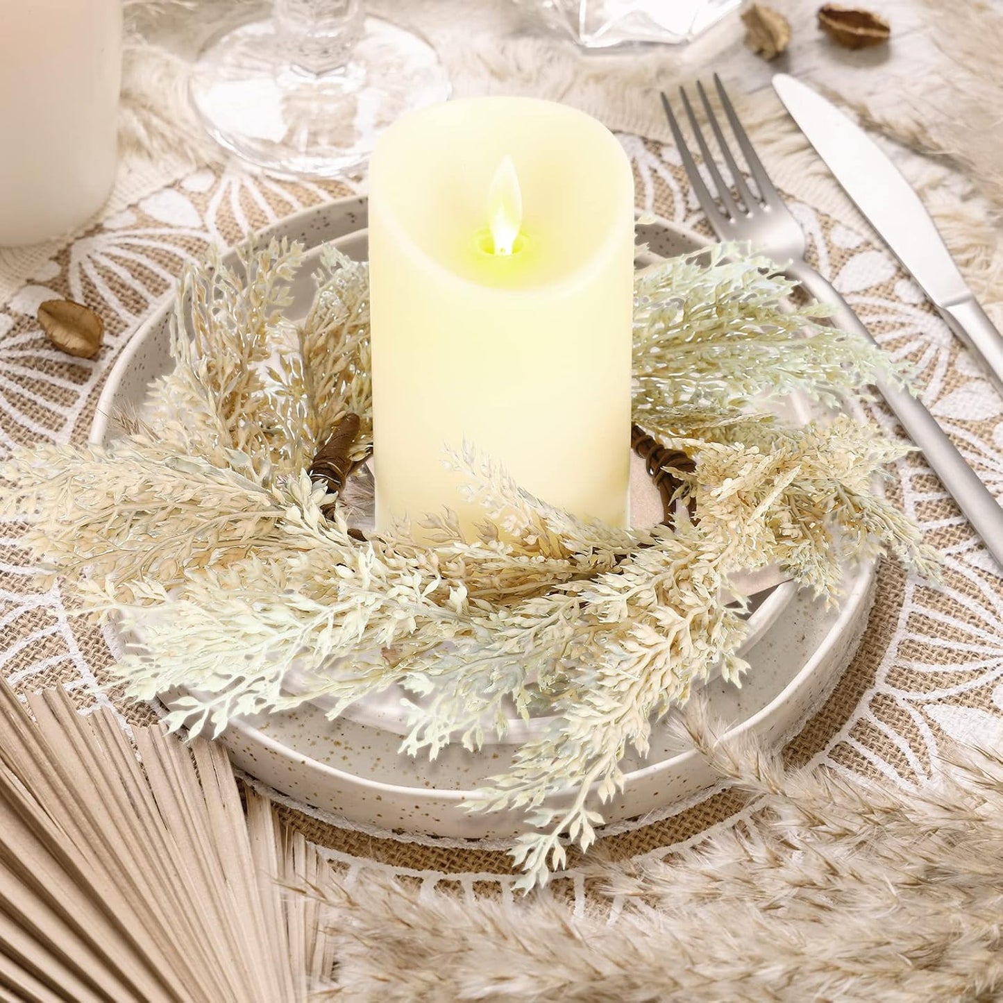 Panelee Pampas Grass Candle Rings - 4 Pcs Faux Greenery Wreaths for Boho Home Decor | 3.9 Inch