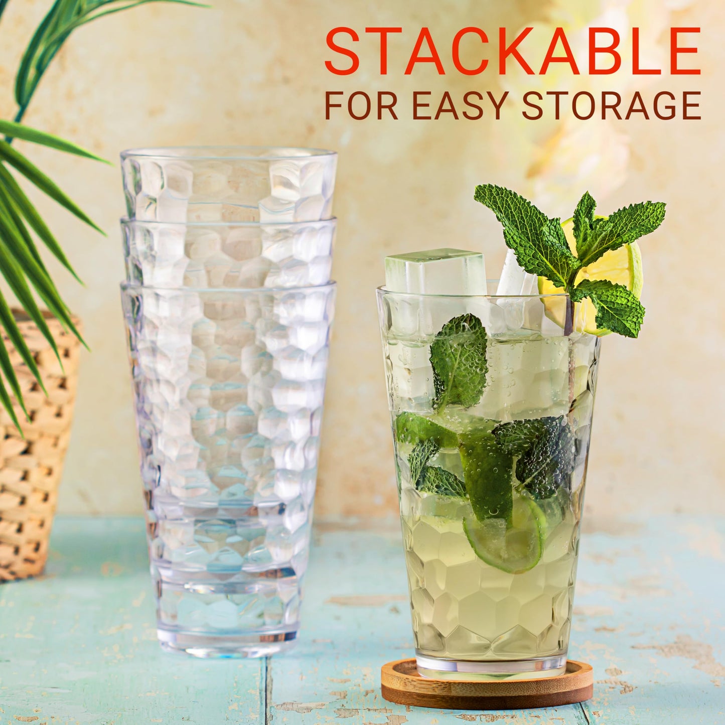 Bravario Hammered Plastic Drinking Glasses Set of 6-22 oz Clear Reusable Cups, Durable Dishwasher Safe Highball Tumblers, Stackable BPA & EA-Free