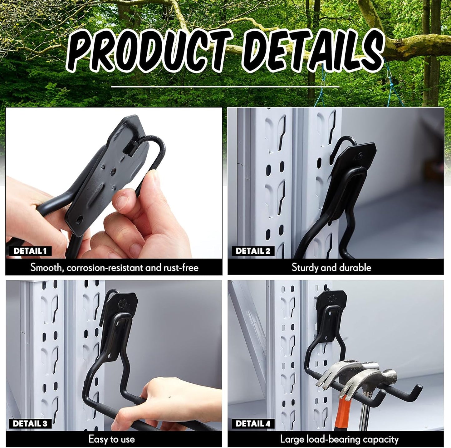 MorningRo Shed Hooks - Multi-Purpose Metal Tool Holders for Large & Small Tools | Black (2 Pack)