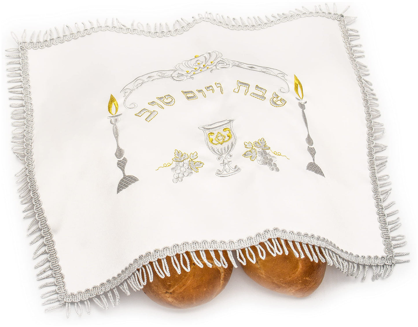 HolYudaica White Satin Challah Cover for Shabbat Bread (20"/16") with Shabbat Candlestick Silver & Gold Embroidery, from Israel, Nice Gifts (Silver, 1)