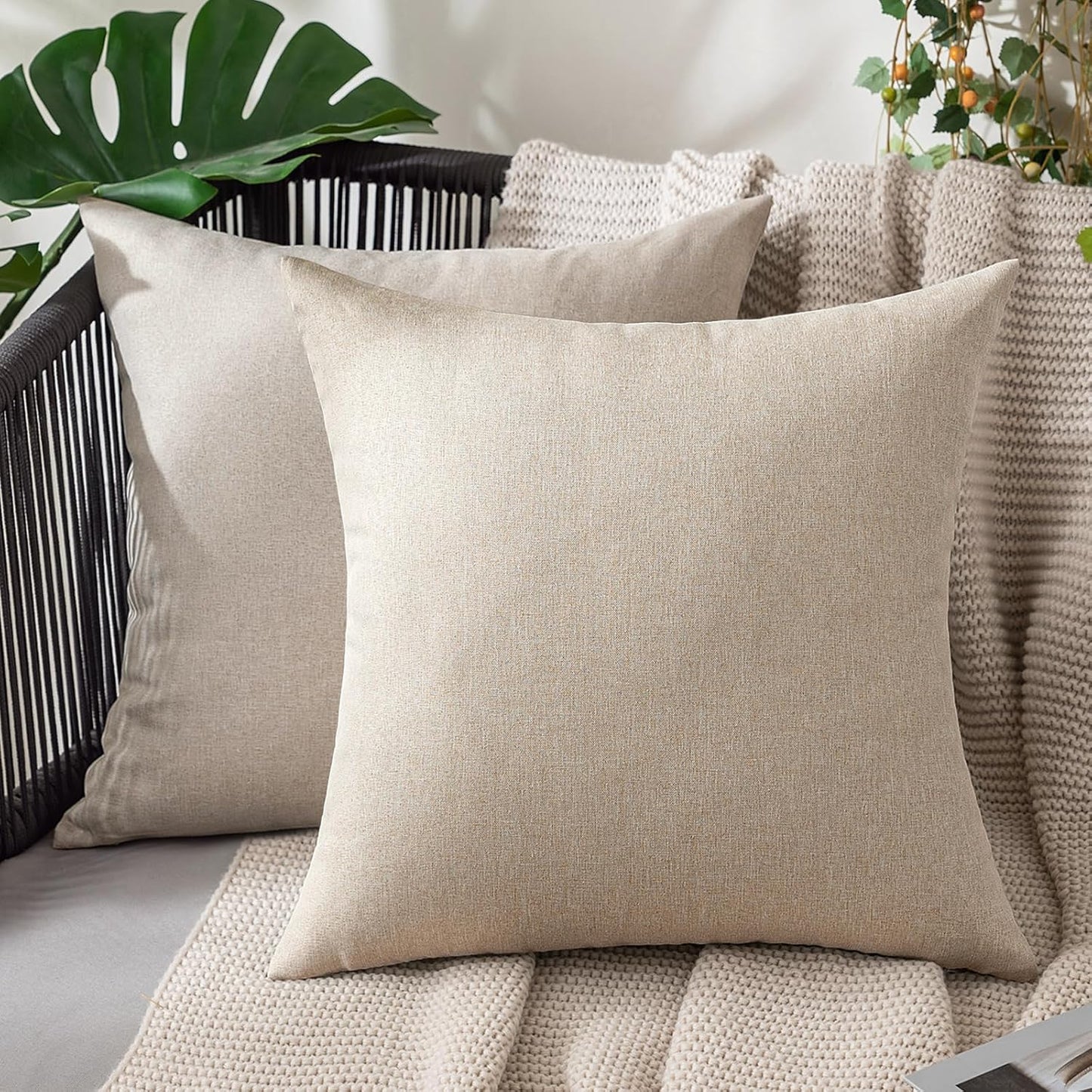 MIULEE Decorative Outdoor Throw Pillow Covers - Waterproof Faux Linen Cushion Cases | 24x24 Inch Beige (Set of 2)