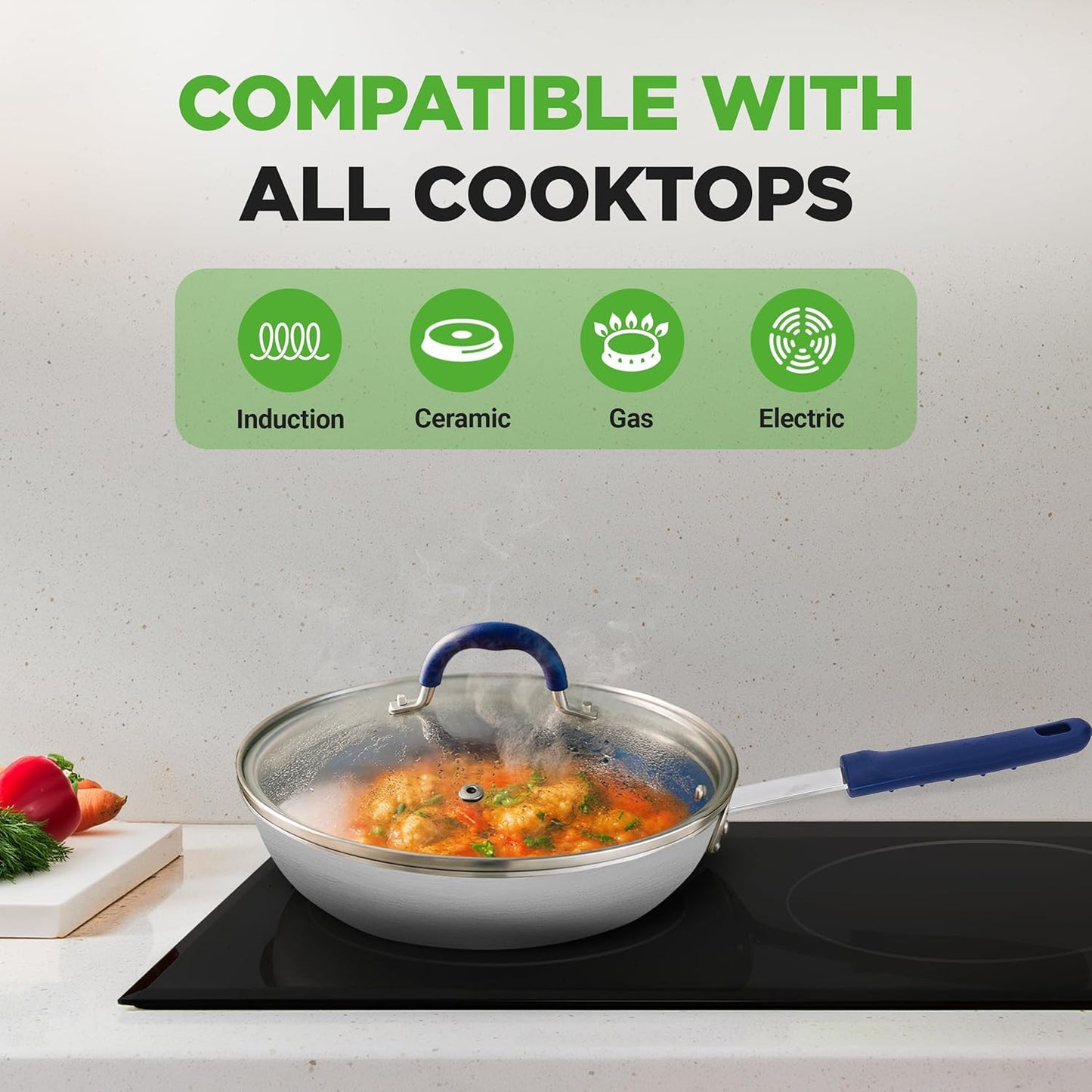 NutriChef 12" Nonstick Fry Pan with Lid - Stain-Resistant Ceramic Coating & Blue Silicone Handle