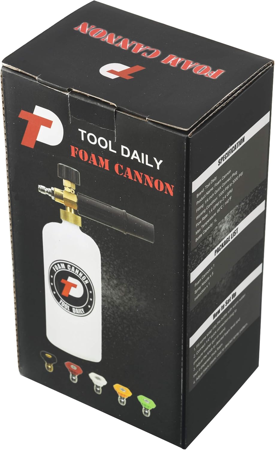 Tool Daily Foam Cannon - 1 Liter Pressure Washer Foam Gun with 5 Nozzle Tips & 1/4 Inch Connector