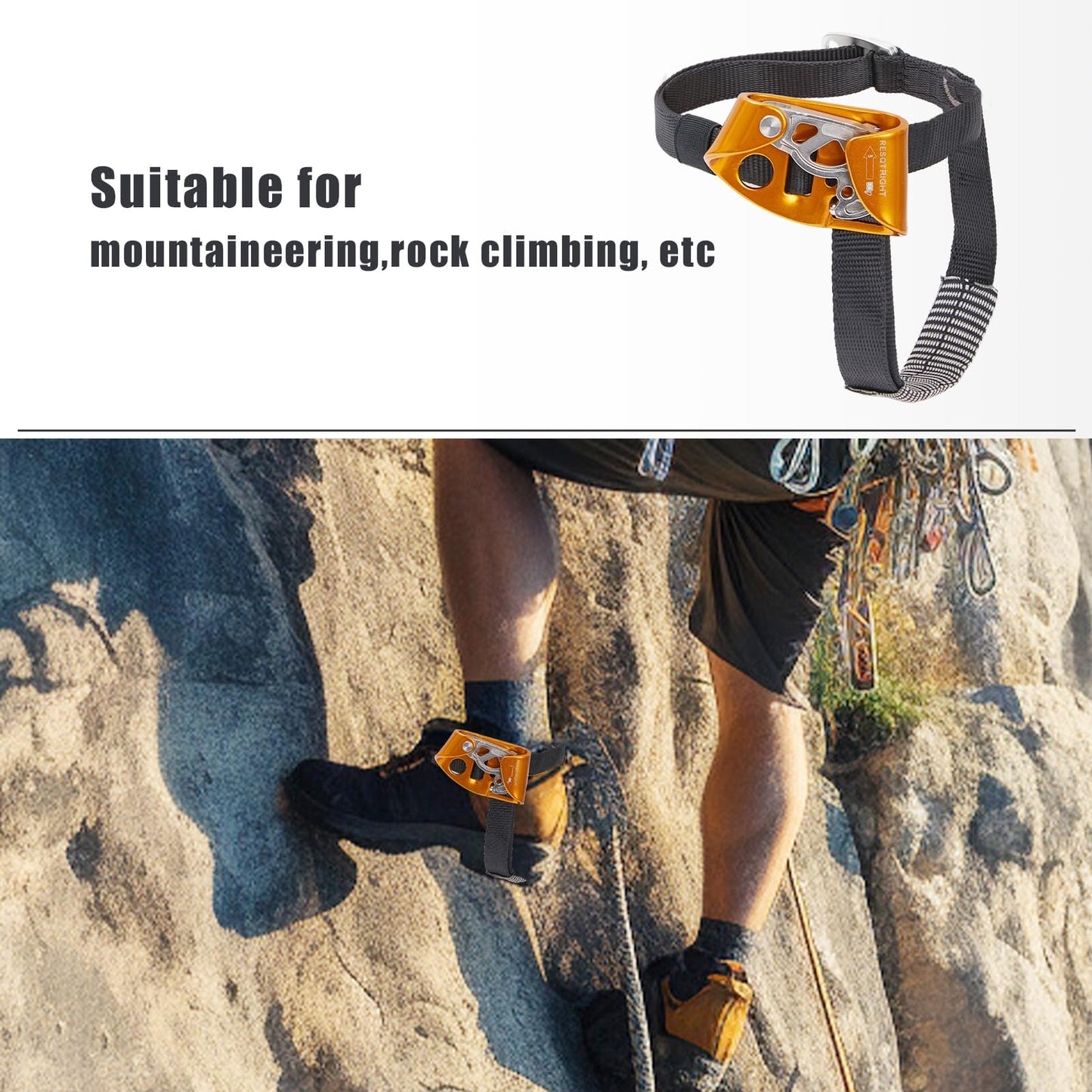 RESQT Foot Ascender, Outdoor Rock Climbing Tree Arborist, Mountaineering Rappelling Equipment Climbing Device for 8-13mm Rope（Left Black+Right Orange）