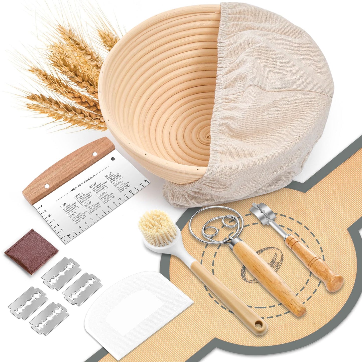 P&P CHEF Complete Sourdough Starter Kit, Sourdough Bread Baking Supplies Set, 9'' Round Bread Proofing Basket with Other Dough Making Tools, Ideal for Bread Making Baking Fermentation