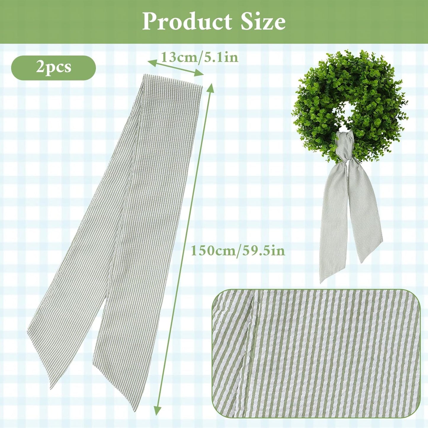 Skiennix Wreath Sash - Holiday Stripes Ribbon for Front Door | 5.1'' W x 59'' L, Green Striped Decor