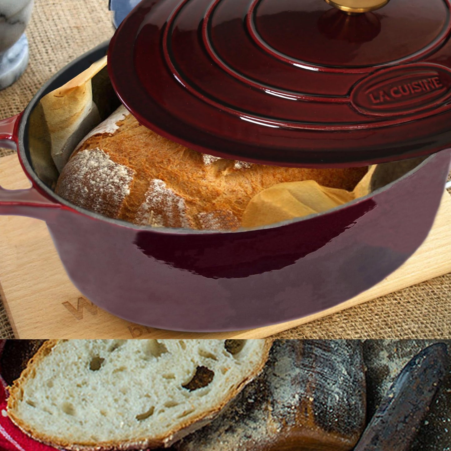 La Cuisine Enameled Cast Iron Oval Dutch Oven Casserole Dish Pot with Lid 5 QT Internal Matt Black Enamel Coating, Cranberry, Gold-Plated Stainless Steel Lid Handle, Oven Safe